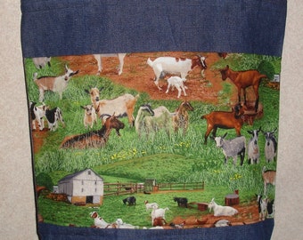 New Handmade Large Denim Tote Bag Goat Farm Theme