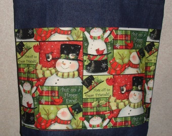 New Large Handmade Holiday Hats Off to Friends Snowman Christmas Denim Tote Bag