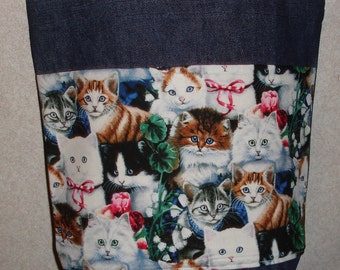 New Medium Handmade Cats Kittens Ribbons Pet Kitty Denim Tote Bag