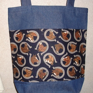 New Handmade Large Horse Horseshoe Farm Country Denim Tote Bag