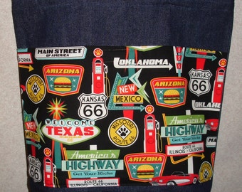 New Large Handmade Route 66 Signs America Denim Tote Bag