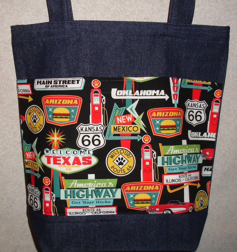 New Large Handmade Route 66 Signs America Denim Tote Bag Etsy