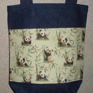 New Medium Handmade Panda Bear Bamboo Wildlife Denim Tote Bag