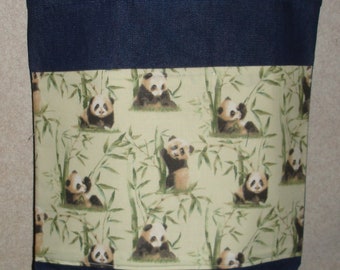 New Medium Handmade Panda Bear Bamboo Wildlife Denim Tote Bag