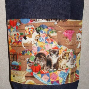 New Small Handmade Cat Kittens Sewing Craft Pet Denim Tote Bag