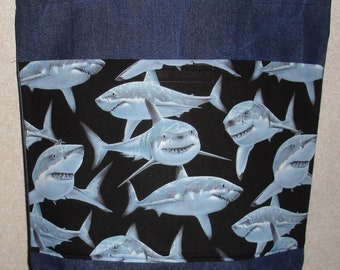 New Large Handmade Great White Shark Ocean Sea Beach Reef Denim Tote Bag