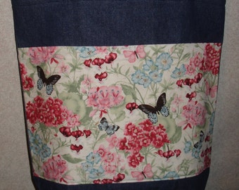 New Large Handmade Butterfly Flower Garden Denim Tote Bag
