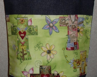 New Medium Handmade Easter Cross Religious Theme Denim Tote Bag