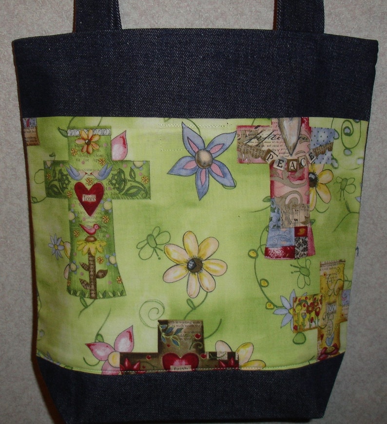 New Medium Handmade Easter Cross Religious Theme Denim Tote Bag image 1