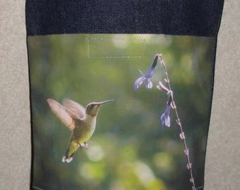 New Handmade Hummingbird Wildflower Original Photo Photograph Fabric Small Denim Tote Bag