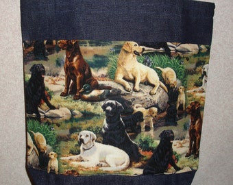 New Medium Handmade Labrador Retriever Labs all Over Denim Tote Bag