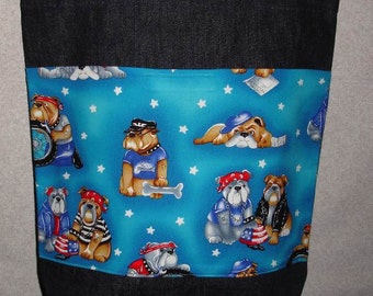 New Large Handmade Biker Bulldog Denim Tote Bag