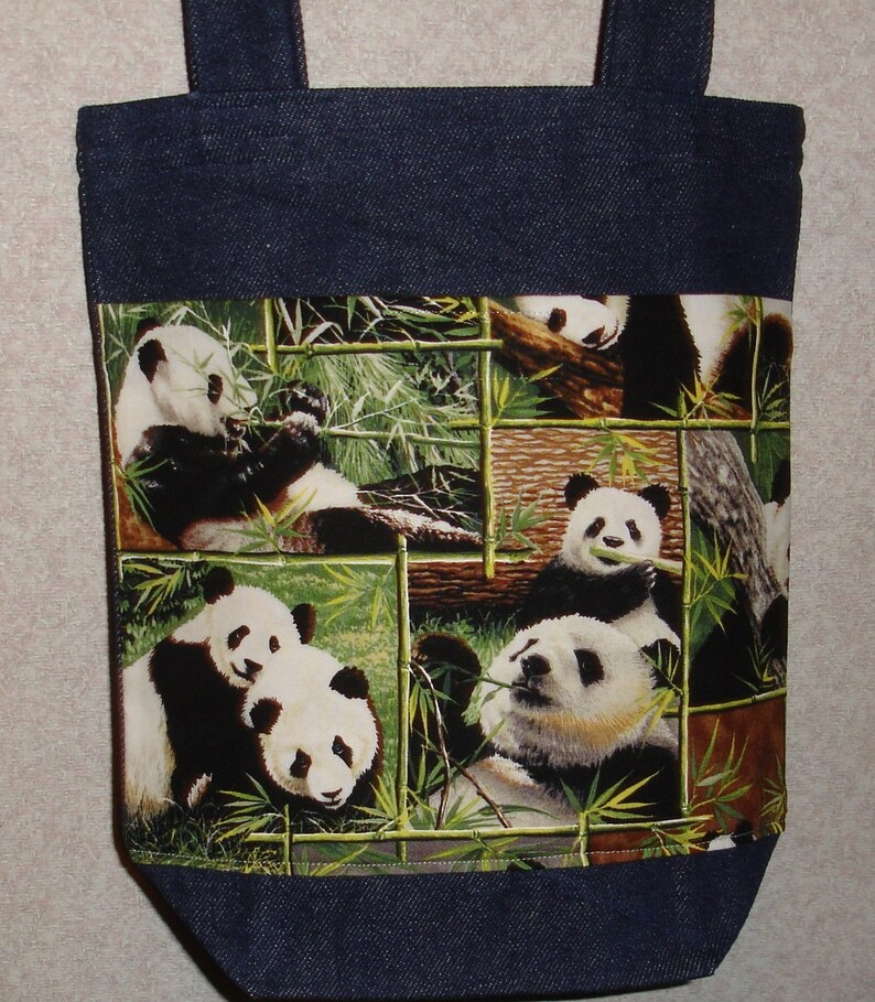 New Small Handmade Panda Bear Squares Wildlife Denim Tote Bag Purse image 1