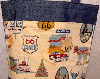 New Large Handmade Route 66 Retro Americana Road Trip Denim Tote Bag