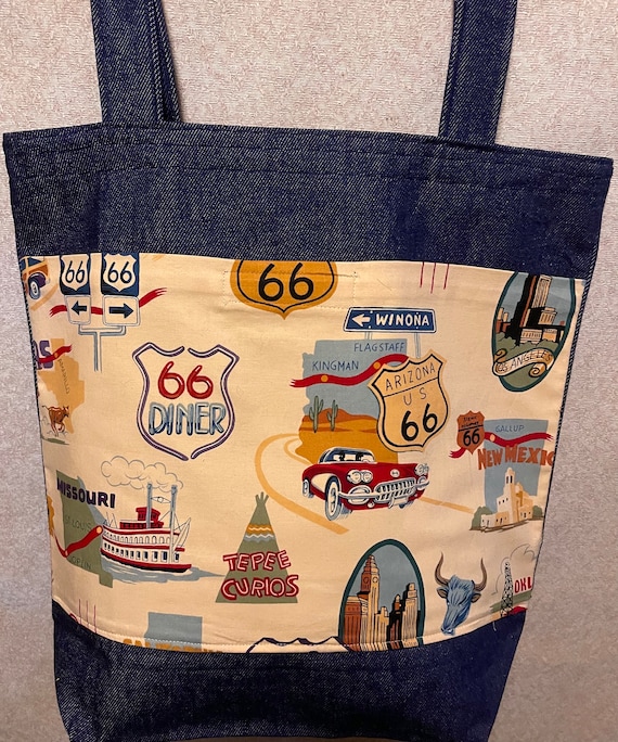 New Large Handmade Route 66 Retro Americana Road Trip Denim Tote 