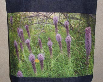 New Handmade Liatris Prairie Blazing Star Gayfeather Purple Flowers Original Photo Photograph Fabric Large Denim Tote Bag