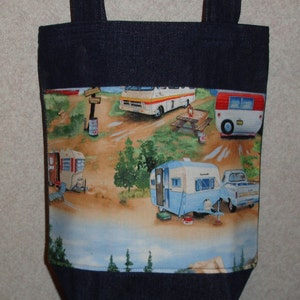 New Handmade Small RV Camper Print Denim Tote Bag