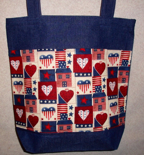 New Handmade Large Patriotic Hearts Houses Patchwork Denim Tote