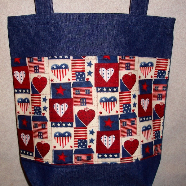 New Handmade Large Patriotic Hearts & Houses Patchwork Denim Tote Bag