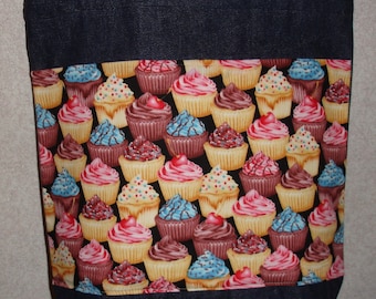 New Medium Handmade Decorated Cupcakes Baker Denim Tote Bag