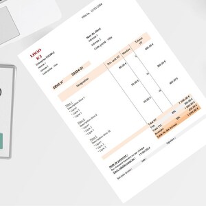 May include: A white invoice with the text "LOGO RC1" in red at the top. The invoice is for a company called "RC1" and has a date of 15/03/2018. The invoice number is D0024-01. The invoice includes a list of items with descriptions, prices, and quantities. The total amount of the invoice is 1,070.00 €.