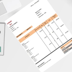May include: A black and white invoice with the text "FACTURE N° 2024-01" and a table with columns for designation, price, quantity, tax rate, tax amount, and total amount.