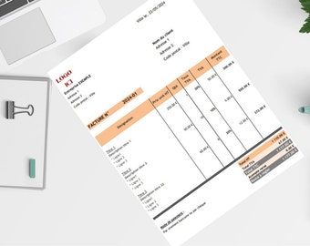 Może przedstawiać: Czarno-biała faktura z tekstem "FACTURE N° 2024-01" i tabelą z kolumnami dla oznaczenia, ceny, ilości, stawki VAT, kwoty VAT i łącznej kwoty.