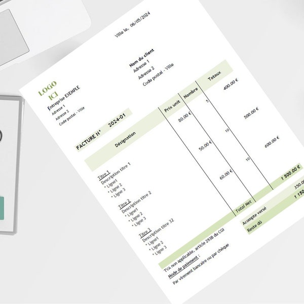 Self-employed micro business invoice template, editable unit price invoice, for craftsmen, merchants, etc. Excel, Google Sheets