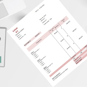 Op de afbeelding: Een roze en witte factuur met de tekst "FACTURE N° 2024-01" en een lijst met artikelen met prijzen en hoeveelheden. De factuur is voor een totaal van 1.700,00 euro.
