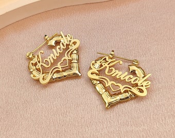 Heart Bamboo Earrings, Custom Name Earrings, Bamboo Hoop Earrings, Personalized Name Jewelry, Heart Hoop Earrings, Women Name Earrings Gift