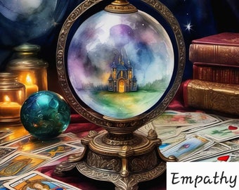 May include: A vintage-style glass orb with a golden frame sits on a table with tarot cards. The orb shows a small house with a blue roof and a yellow door. The text "Empathy Soul" is visible in the lower right corner of the image.