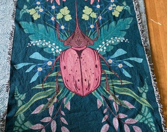 Pink Hercules Dynastid Beetle Cotton Throw Blanket Tapestry **Made in the USA**