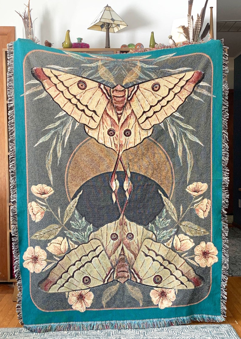 Moon Moth Cotton Throw Blanket Tapestry Made in the USA image 1