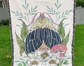 Moth and Blossoms Cotton Throw Blanket Tapestry **Made in the USA**