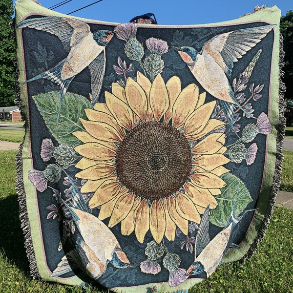 Birds and Sunflower Cotton Throw Blanket Tapestry **Made in the USA**