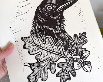 Raven and Oak Leaves Linoleum Block Print