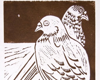 Pair of Pigeons sepia linoleum block print