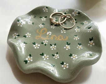 Sage Jewelry Holder for Ring Storage Dish for Trinket Bowl Handmade Gift Idea for Wedding Present Custom Name Plate for Dresser Top Decor