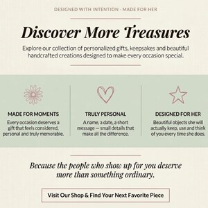 May include: A cream-colored informational graphic featuring the text 'Discover More Treasures' and 'Designed with Intention - Made for Her'. It includes three sections with icons of a flower, a heart, and a star, plus the text 'Visit Our Shop & Find Your Next Favorite Piece' at the bottom.