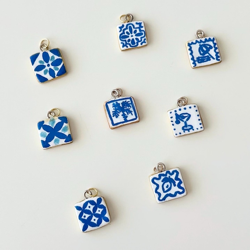 Traditional Portuguese Tile Charm Mediterranean Style Jewelry Component Handmade Ceramic Supply Blue White Pattern Collection Cultural Design Elements Square Pendant Making Supply Authentic Azulejo Motif Set Artisan Crafted Essential Piece