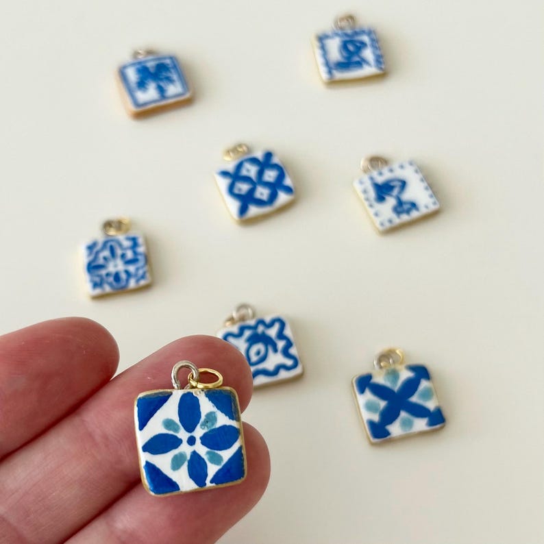 Portuguese Ceramic Charm Handmade Jewelry Supply Traditional Tile Pattern Blue White Design Mediterranean Style Component Crafting Material Square Pendant Collection Azulejo Motif Set Authentic Cultural Art Piece Making Supply Traditional