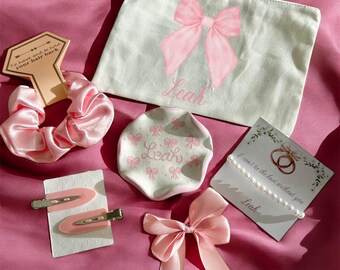Bridesmaid Gift Set Custom Name Cosmetic Package Beauty Box Pink Bow Trinket Vanity Set Girly Bedroom Decor Jewelry Holder Makeup Organizer