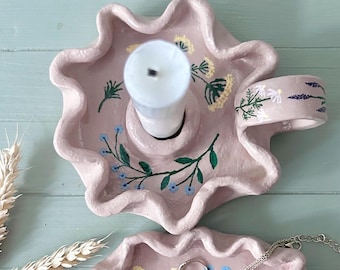 Handmade Candle Stick Holder Flower Shape Cottage Decor Table Centerpiece Dining Room Accent Lighting Floral Design Ceramic Art Botanical