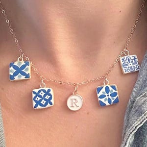 Azulejo Initial Pendant Personalized Charm Handmade Tile Letter Accent Blue Jewelry Custom Design Portuguese Style Sister Present for Friend