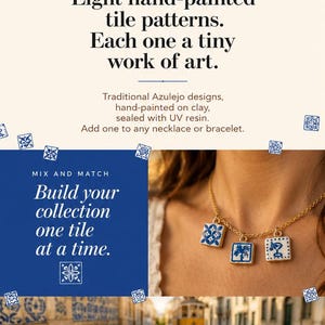 May include: Eight square charms featuring blue and white hand-painted tile patterns with gold-toned metal edges. The charms are displayed individually and attached to a gold-toned chain necklace. Text includes Wear a little piece of Lisbon, Eight hand-painted tile patterns, Each one a tiny work of art, Build your collection one tile at a time, The perfect gift for your most traveled friend, and Start your European charm collection today.