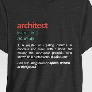 Puede incluir: Una camiseta gris oscuro jaspeada con un diseño gráfico blanco que define la palabra "arquitecto" e incluye una guía de pronunciación y una definición. La definición dice: "Un maestro en la creación de sueños en concreto y acero, con una habilidad para hacer posible lo imposible. También conocido como un soñador profesional. Ver también: mago del espacio, mago de planos."