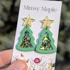 Glitter Resin Christmas Tree Earrings: Green Polymer Clay, Star Post
