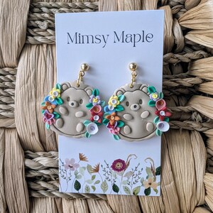Floral Hedgehog Earrings: Handmade Polymer Clay Cottagecore Dangles