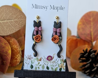 Black Cat Dangle Earrings: Autumn Roses, Spooky Halloween Jewelry