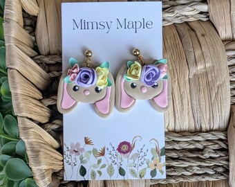 Floral Bunny Earrings: Handmade Polymer Clay Dangle Earrings